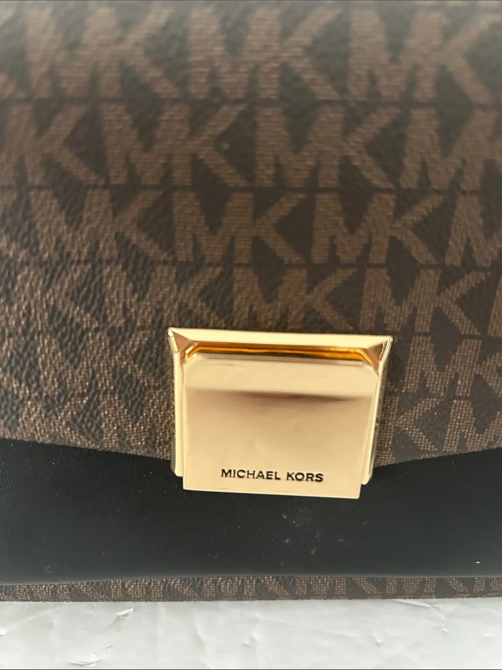 Michael Kors Lita Brown and Black Logo Crossbody with handle Gold Chain